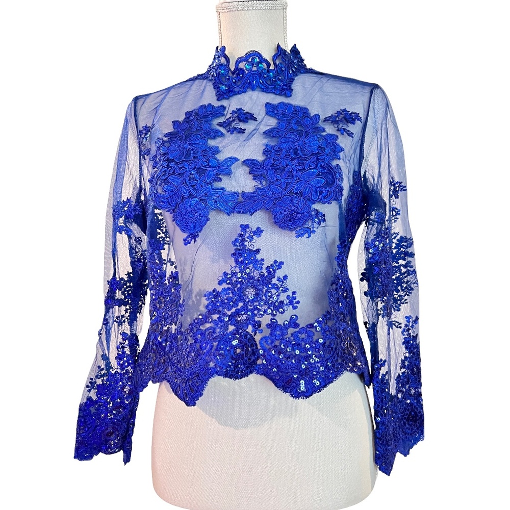 #A030   FT INC Royal Blue Lace Embroidered Sequin Sheer Top – Size XL – New - Picture 3 of 12